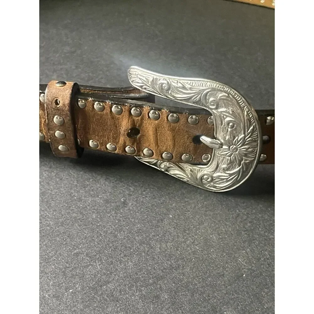Nacona Girls Size 26”Heart Belt Brown Leather Studded Western Rodeo Cowgirl